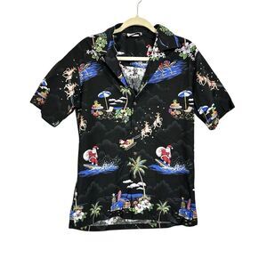 Pacific Legend Mens Sz M Black Hawaiian Camp Christmas Santa Reindeer Shirt Top